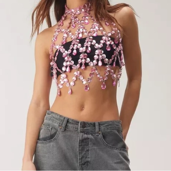 Nasty Gal Pink Halter Jewel Crop Top - Great for Festivals - Picture 2 of 5